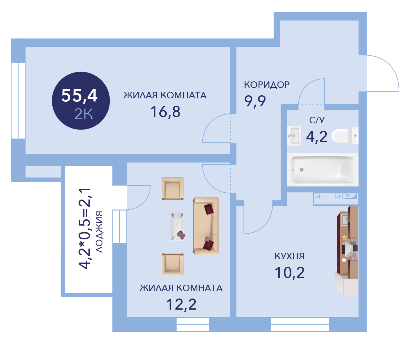 Планировка 2-комн. в ЖК «Два Адмирала»
