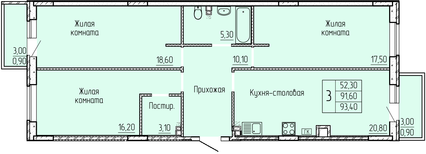 Планировка 4-евро в ЖК «Прибрежный»