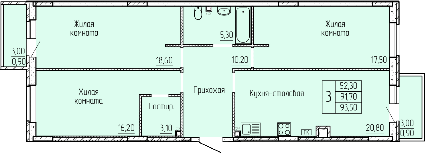 Планировка 4-евро в ЖК «Прибрежный»