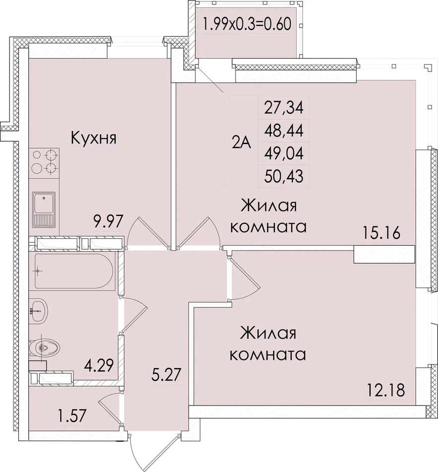 Планировка 2-комн. в ЖК «Регата»