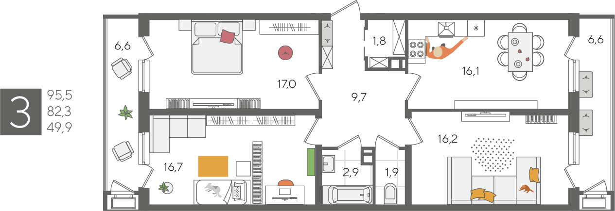 Планировка 3-комн. в ЖК «Рекорд 2»