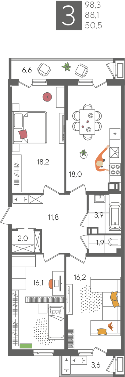 Планировка 3-комн. в ЖК «Рекорд 2»
