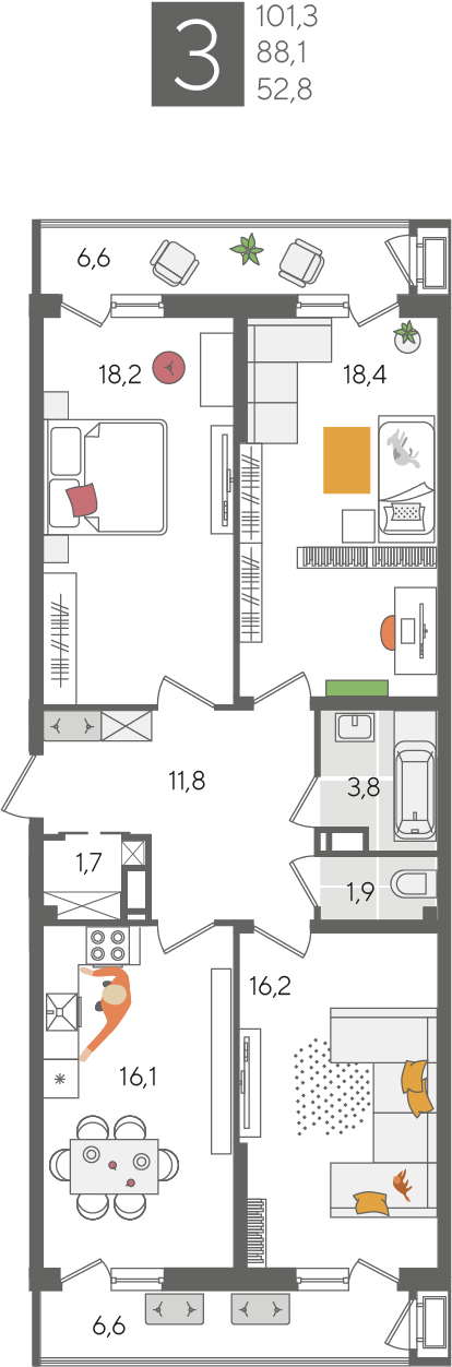 Планировка 3-комн. в ЖК «Рекорд 2»