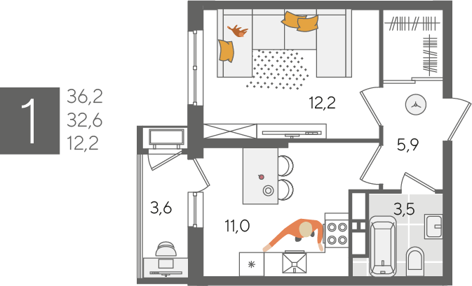 Планировка 1-комн. в ЖК «Рекорд 2»