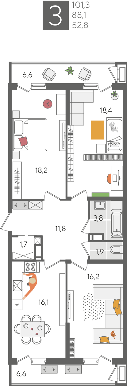 Планировка 3-комн. в ЖК «Рекорд 2»