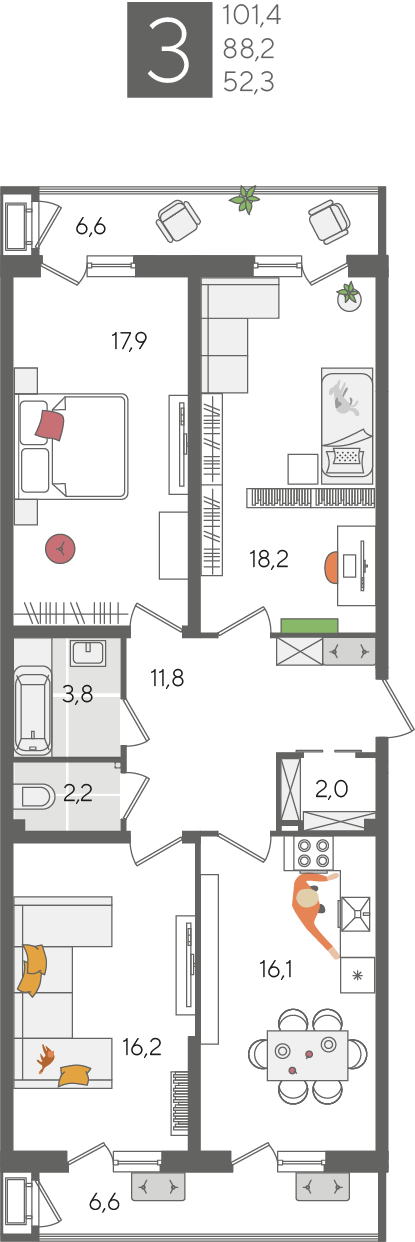 Планировка 3-комн. в ЖК «Рекорд 2»
