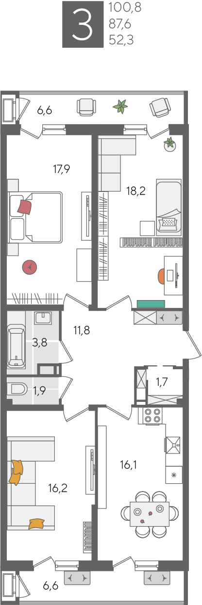 Планировка 3-комн. в ЖК «Рекорд 2»