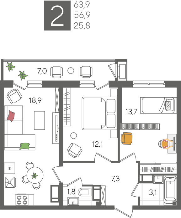 Планировка 2-комн. в ЖК «Рекорд 2»