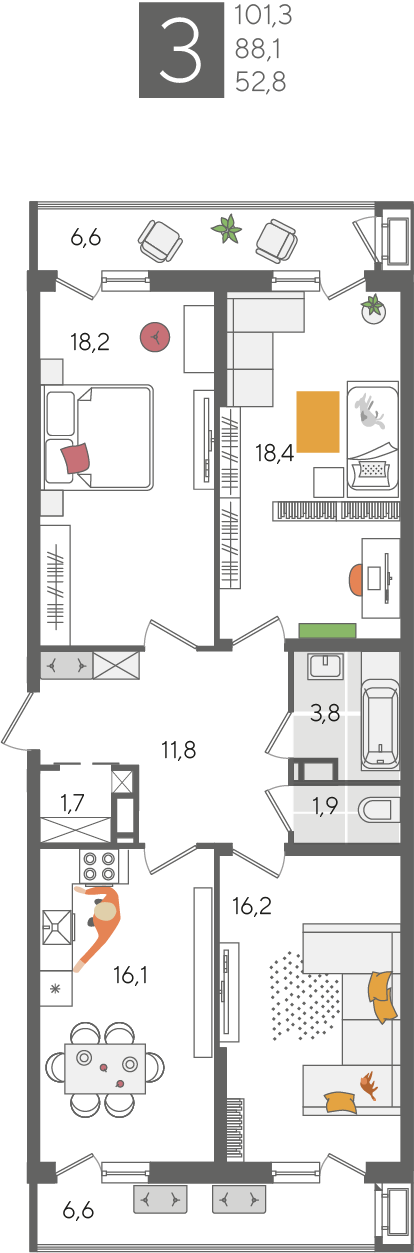 Планировка 3-комн. в ЖК «Рекорд 2»