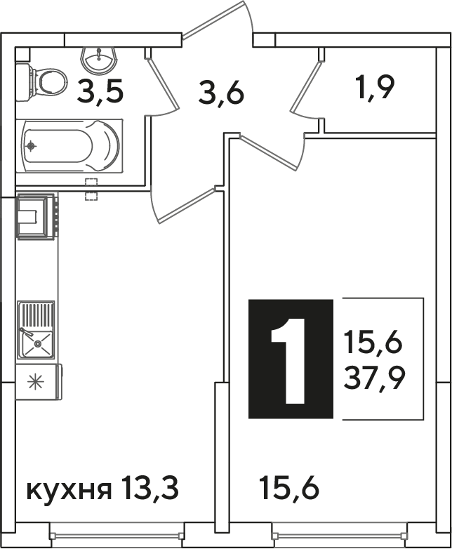 Планировка 1-комн. в ЖК «Самолет»
