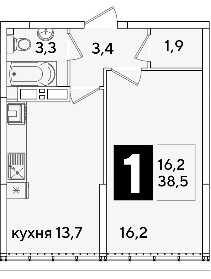 Планировка 1-комн. в ЖК «Самолет»