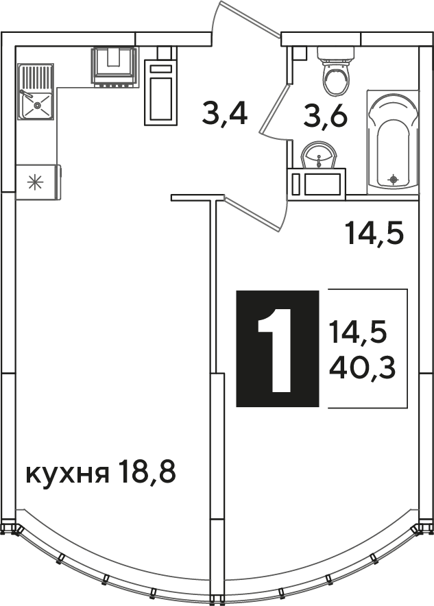 Планировка 1-комн. в ЖК «Самолет»