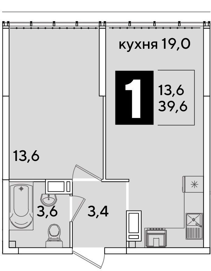 Планировка 1-комн. в ЖК «Самолет»