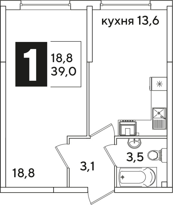 Планировка 1-комн. в ЖК «Самолет»