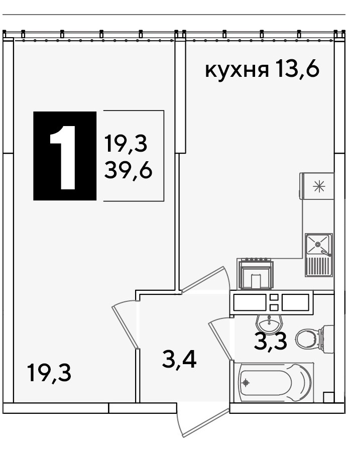 Планировка 1-комн. в ЖК «Самолет»
