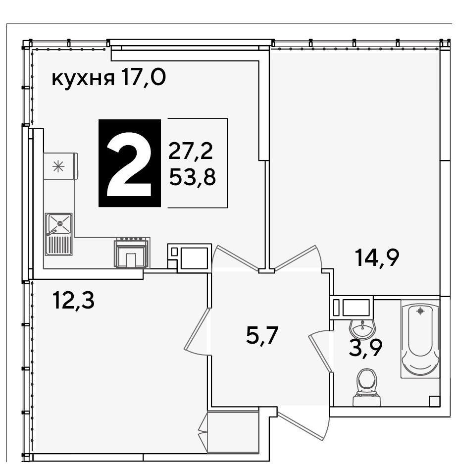 Планировка 2-комн. в ЖК «Самолет»