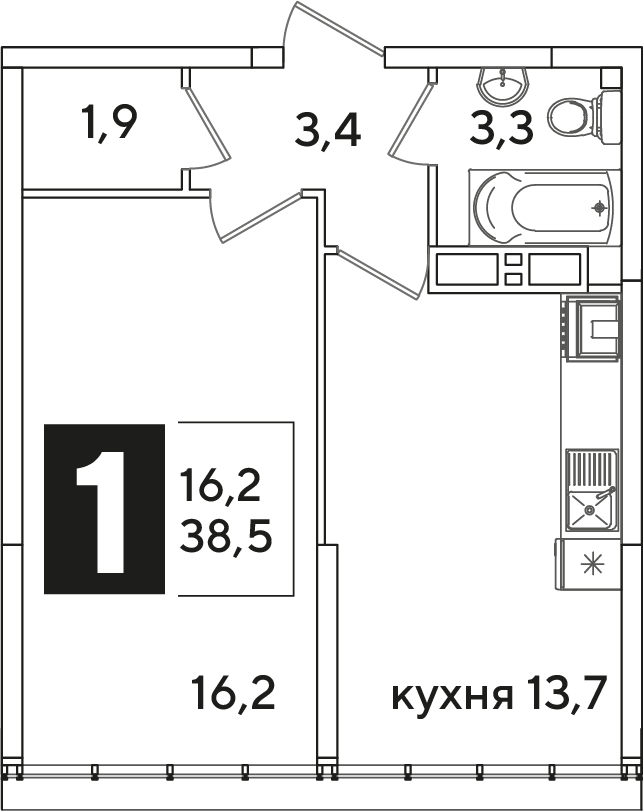 Планировка 1-комн. в ЖК «Самолет»