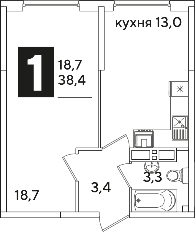 Планировка 1-комн. в ЖК «Самолет»