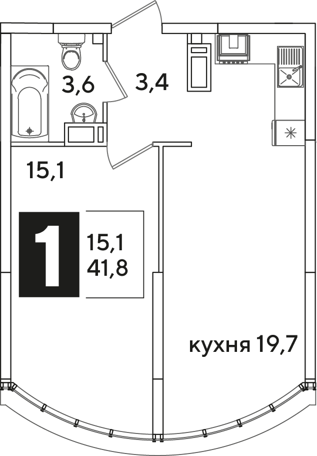 Планировка 1-комн. в ЖК «Самолет»