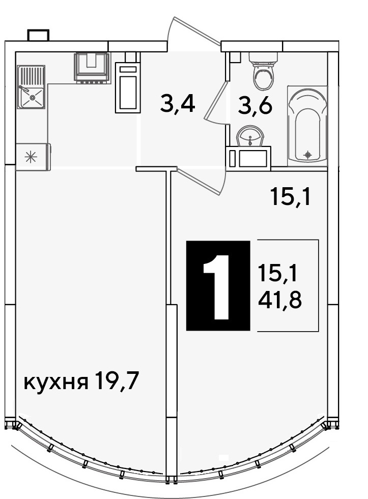 Планировка 1-комн. в ЖК «Самолет»
