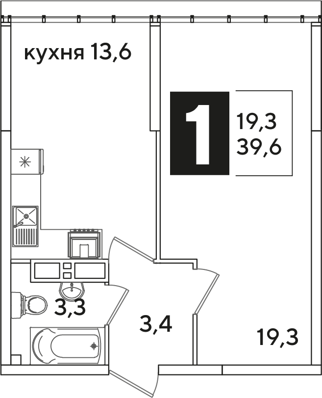 Планировка 1-комн. в ЖК «Самолет»