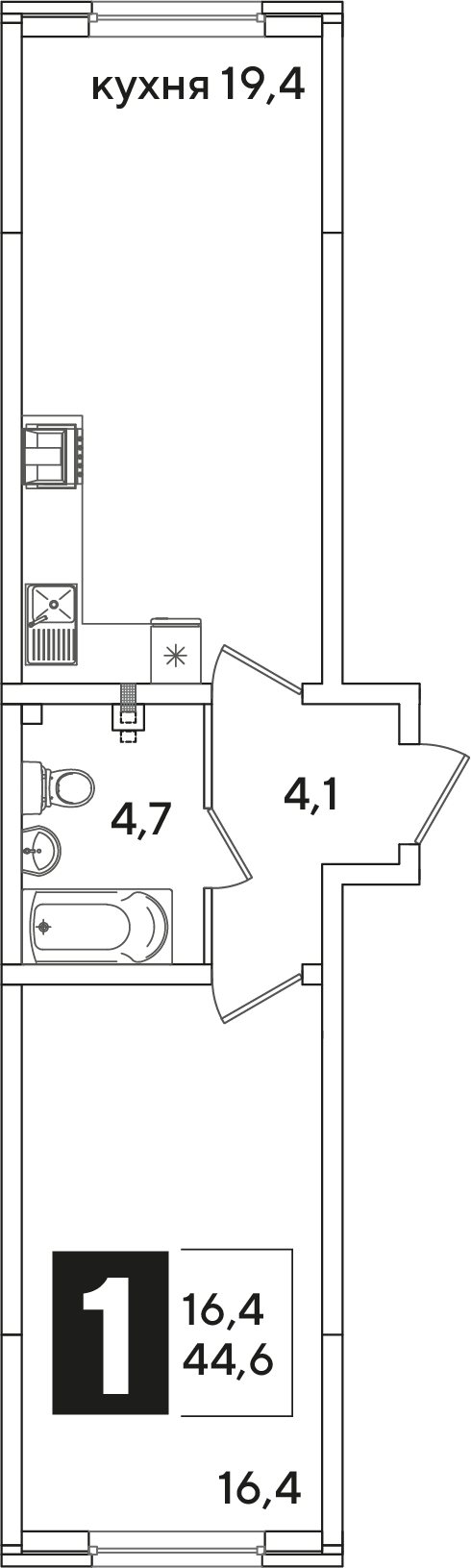 Планировка 1-комн. в ЖК «Самолет»