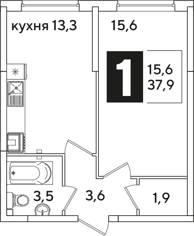 Планировка 1-комн. в ЖК «Самолет»