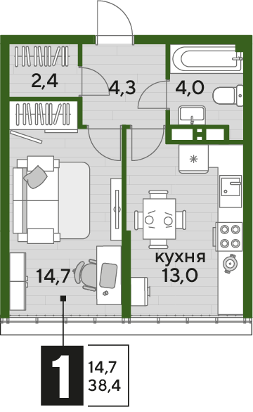Планировка 1-комн. в ЖК «Догма Парк»