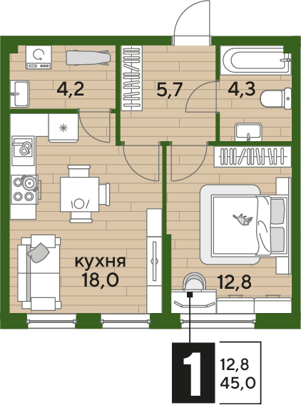 Планировка 1-комн. в ЖК «Догма Парк»