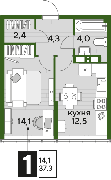 Планировка 1-комн. в ЖК «Догма Парк»