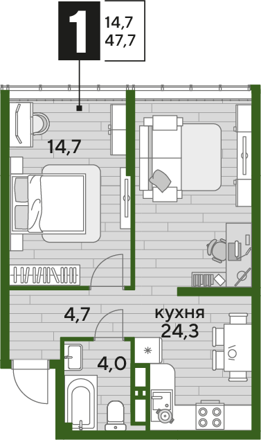 Планировка 1-комн. в ЖК «Догма Парк»