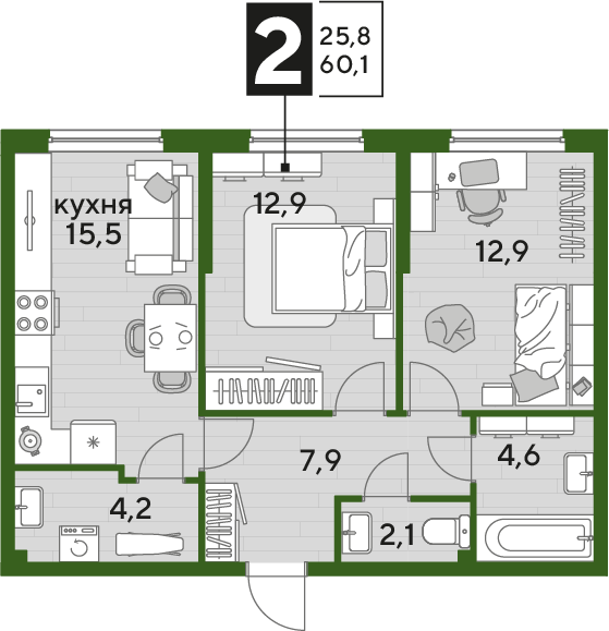 Планировка 2-комн. в ЖК «Догма Парк»