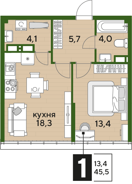 Планировка 1-комн. в ЖК «Догма Парк»