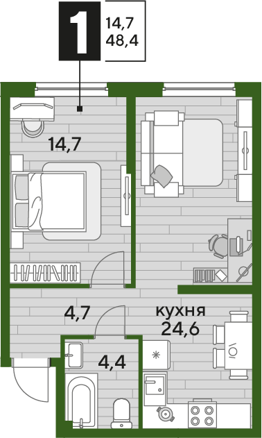 Планировка 1-комн. в ЖК «Догма Парк»