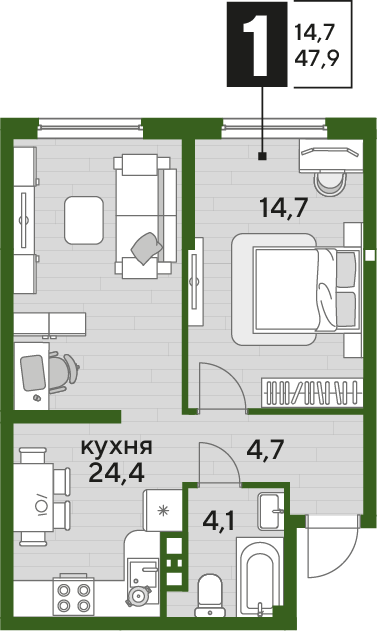 Планировка 1-комн. в ЖК «Догма Парк»