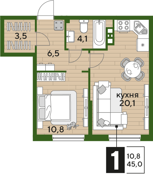 Планировка 1-комн. в ЖК «Догма Парк»