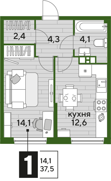Планировка 1-комн. в ЖК «Догма Парк»