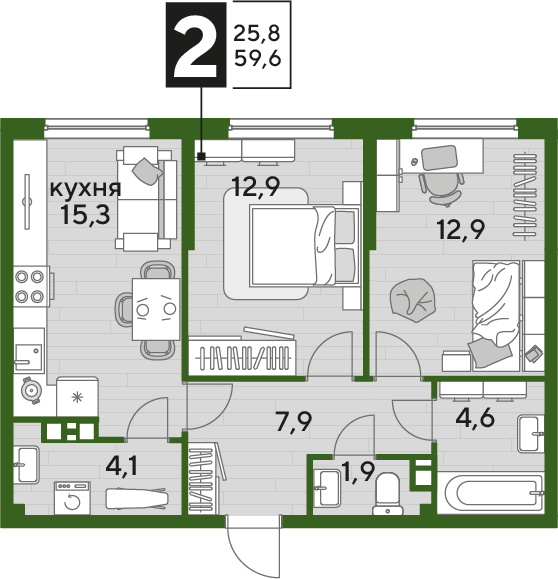 Планировка 2-комн. в ЖК «Догма Парк»