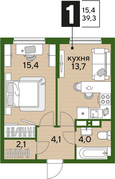 Планировка 1-комн. в ЖК «Догма Парк»