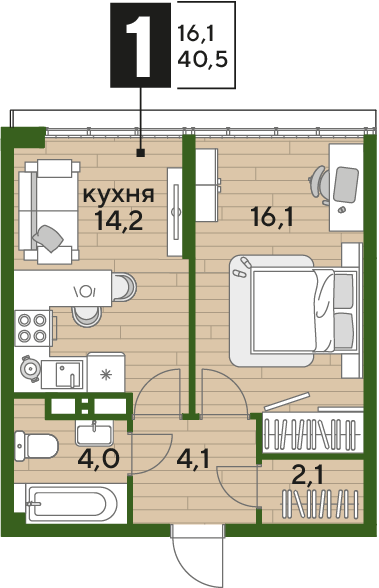 Планировка 1-комн. в ЖК «Догма Парк»