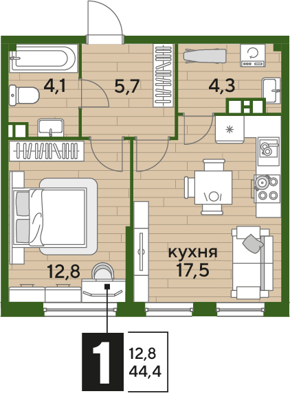 Планировка 1-комн. в ЖК «Догма Парк»