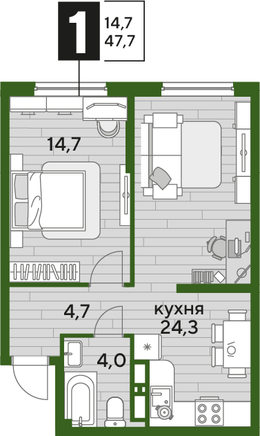 Планировка 1-комн. в ЖК «Догма Парк»