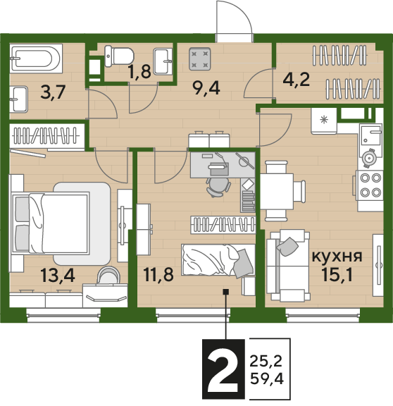 Планировка 2-комн. в ЖК «Догма Парк»