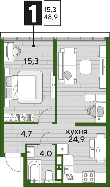 Планировка 1-комн. в ЖК «Догма Парк»