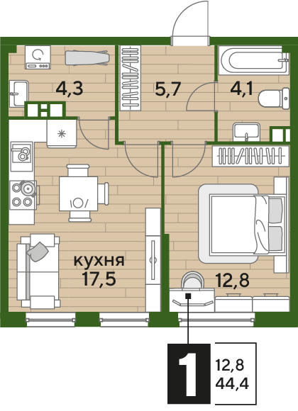 Планировка 1-комн. в ЖК «Догма Парк»