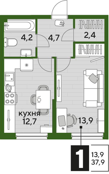 Планировка 1-комн. в ЖК «Догма Парк»