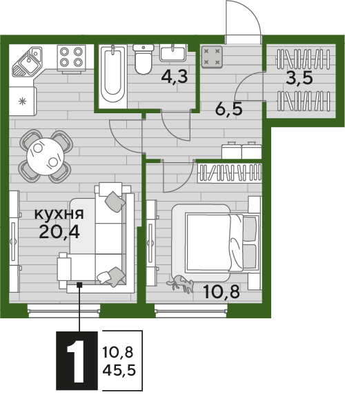 Планировка 1-комн. в ЖК «Догма Парк»