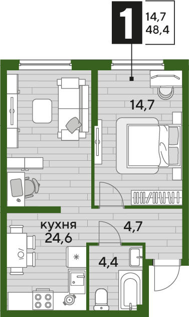 Планировка 1-комн. в ЖК «Догма Парк»