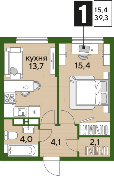 Планировка 1-комн. в ЖК «Догма Парк»