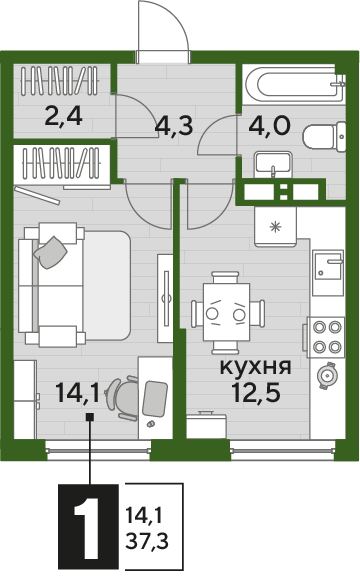 Планировка 1-комн. в ЖК «Догма Парк»